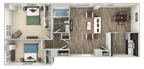 Floor plan for 2 beds, 1 bath, 663 sqft